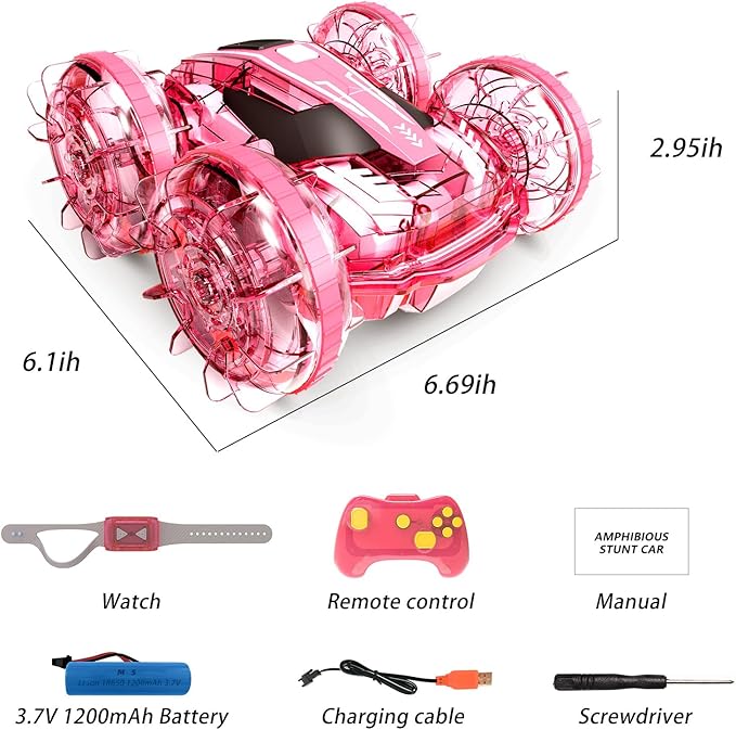 Tecnock Amphibious Remote Control Car Boat for Kids, 4WD RC Stunt Car with Waterproof Remote Control, 2.4GHz Gesture RC Cars with LED Lights, Water Pool Toys Gifts for Boys, Girls