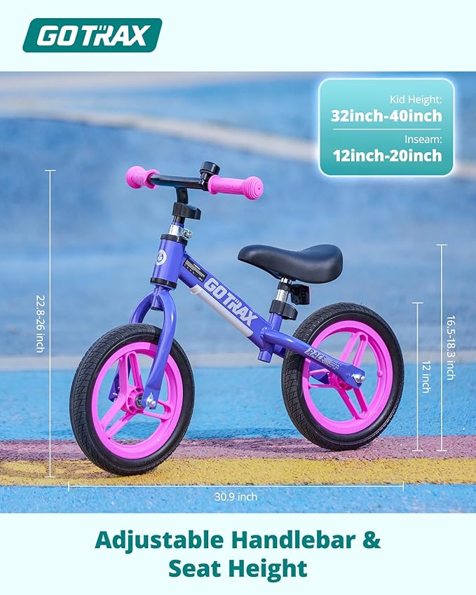 Gotrax KS12 Balance Bike for 2-5, 12" Toddlers Push Bike with LED Light, Adjustable Soft Seat & Handlebar, Flat-Free Tires & Easy Assembly Kids Bicycle, Lightweight & No Pedal, Gift for Boys Girls