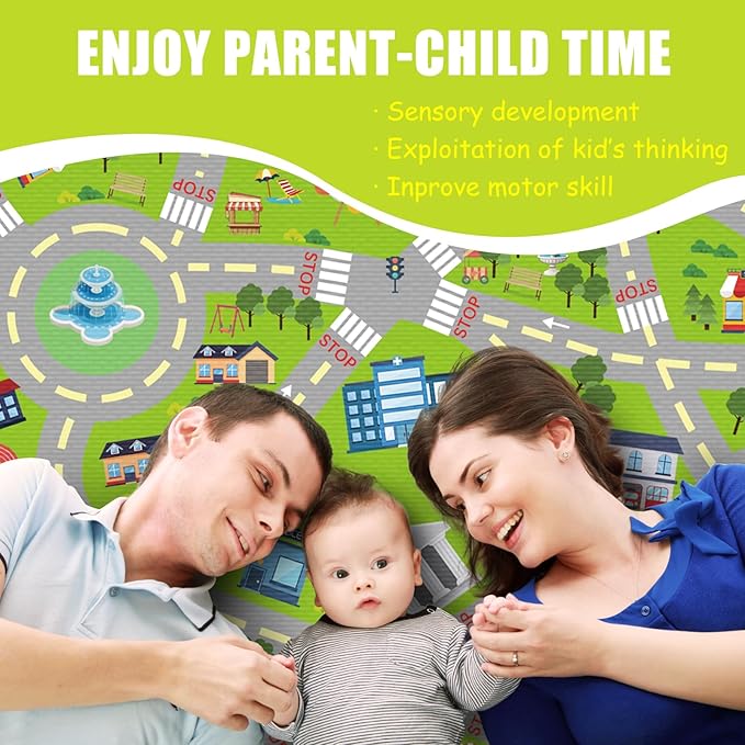 Kids Carpet Car Tack Rug Great for Kids Enjoy City Life- Play Learn Safely and Non Slip- Children Educational Road Rug Traffic Play Mat for Nursery Playroom Classroom（Greem01, 7'10" x 5'3"