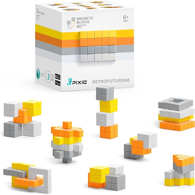 PIXIO RETROFUTURISM - Tiny Magnetic Blocks Building Toy in The Pixel Art Style with Free App - 5/16" Plastic Cubes with 6 Magnets Inside - Open Ended Toy - Creativity Toy for Ages 6+ - 60pcs