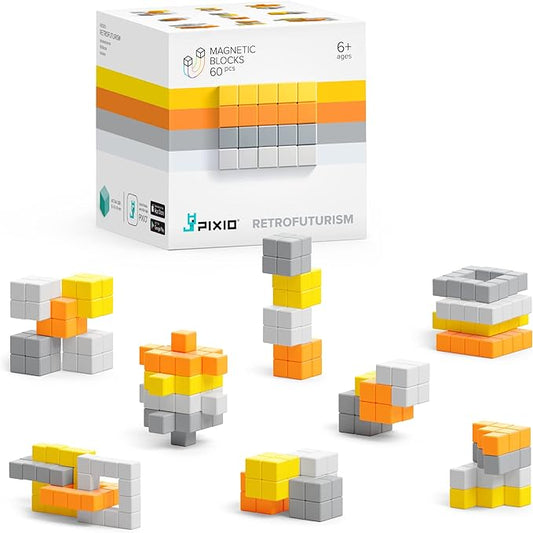 PIXIO RETROFUTURISM - Tiny Magnetic Blocks Building Toy in The Pixel Art Style with Free App - 5/16" Plastic Cubes with 6 Magnets Inside - Open Ended Toy - Creativity Toy for Ages 6+ - 60pcs