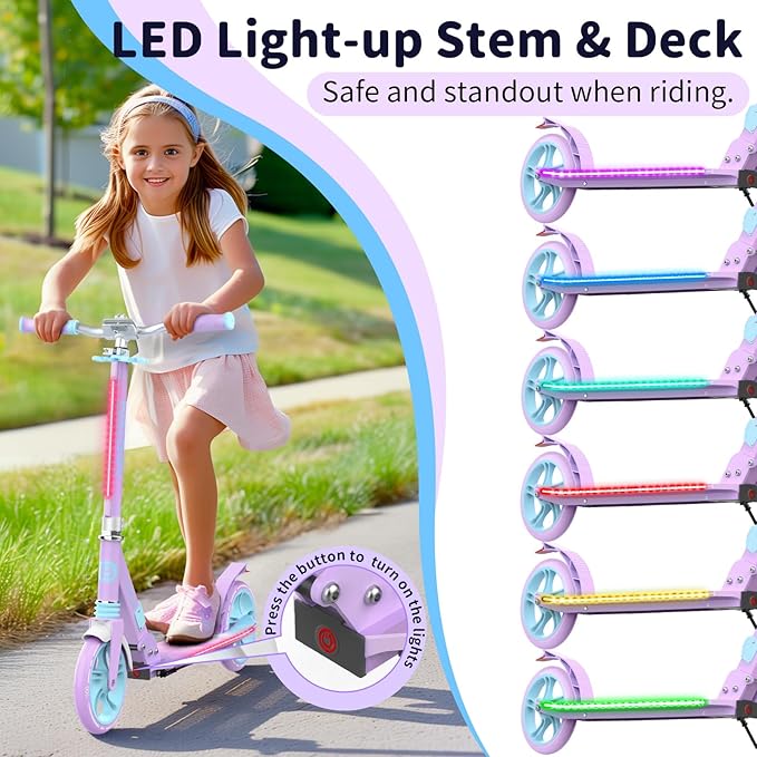 BELEEV V8 Scooters for Kids Ages 6+ with Light-Up Deck, 2 Wheel Folding Scooter for Adults Teens, 4 Adjustable Height, Lightweight Sport Commuter Scooter, Sturdy Frame, Max Load 220 lbs