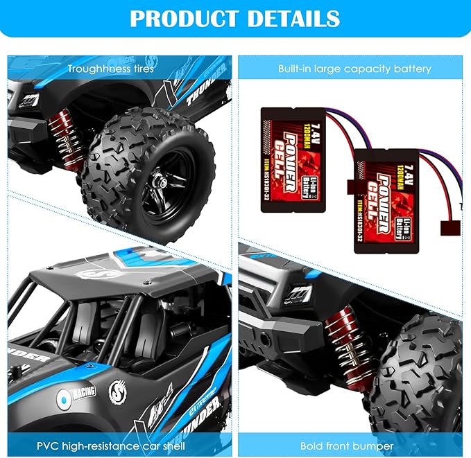 1:18 Scale RC Cars, 36 KM/H High Speed, 2.4 GHz Remote Control and 2 Rechargeable Batteries，4 Shock Absorbers, for Xmas (Blue)