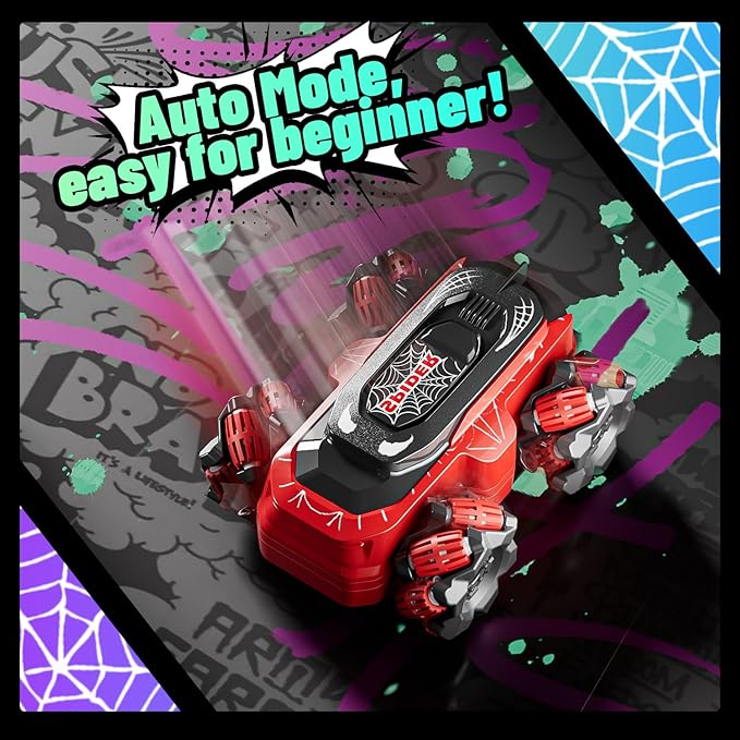 Spider Amphibious Remote Control Car, Waterproof Mini 4WD RC Car Fits Inside Remote, Dual Tires for Land & Water, 360°Spins, 50-Min Runtime W/ 2 Batteries, Boat Toy for Pool Lake Beach, Gift for Kids