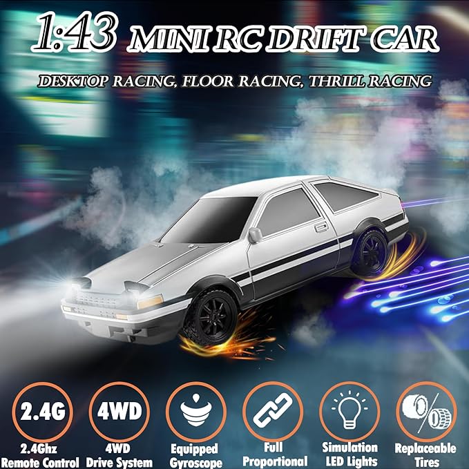 1/43 Mini RC Drift Car with Gyroscope, 2.4GHz Full Proportional High Speed Remote Control Car, RTR 4WD Fast RC Cars with LED Lights Racing Tires, Hobby RC Cars Toy Model Gift for Adults, Kids, Boys