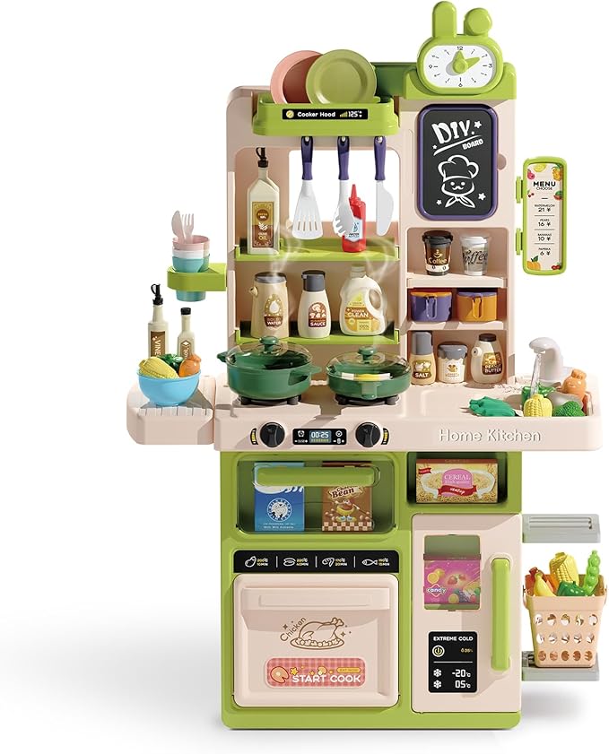 Kids Kitchen Playset Set, 63PCS Pretend Play Kitchen Toys for Toddlers, Cooking Stove with Steam Sound Light, Play Sink with Manual Faucet, Play Food Accessories Gift for Boys, 33’’H Green