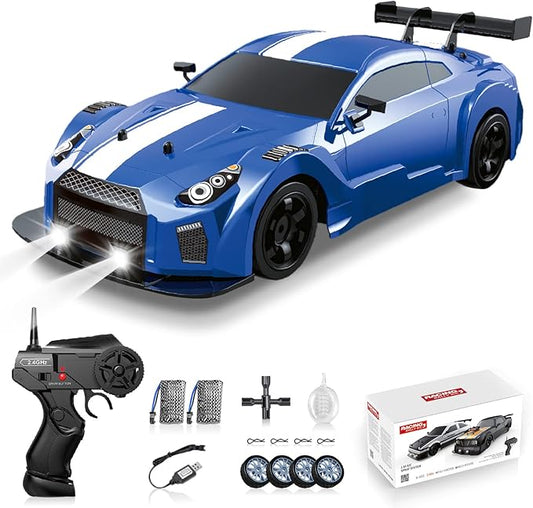 RC Drift Car 2.4GHz 1:16 Scale 4WD High Speed Remote Control Cars Vehicle with LED Lights Two Batteries and Drifting Tires Racing Sport Toy Cars for Adults Boys Girls Kids