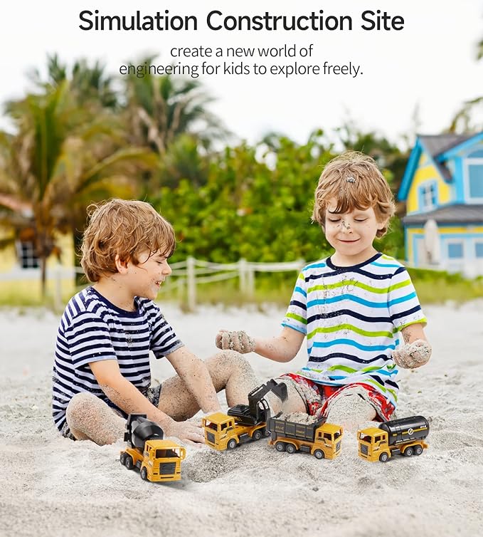 Geyiie Construction Trucks Toys, Kids Construction Vehicles Site, Sandbox Toys Playset for Boys Girls, Pull Back Cars Excavator Tractor Bulldozer Gifts for Party Favor