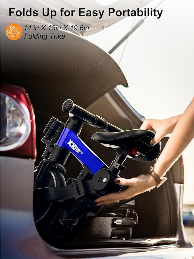 XJD Toddler Bike, 6 in 1 Folding Toddler Tricycle for 1-4 Year Old with Push Handle, Balance Bike with Removable Pedal,Backrest, Adjustable Seat Height and Handle, First Birthday Gifts (Blue)