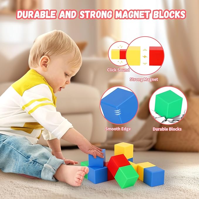 64 PCS Magnetic Blocks for Kids, Learning Magnet Cubes Building Toys for Toddlers, STEM Educational Sensory Montessori Square Toy for Boys and Girls