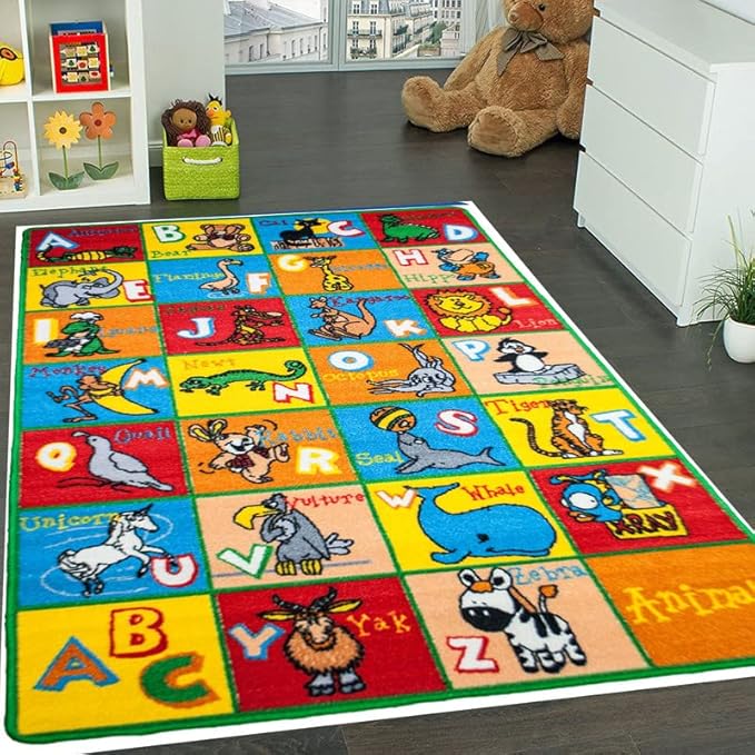 Kids Rug ABC Animals Area Rug 3' x 5' (3'3" X 4'9") (39" x 56") (99cm x 142cm) Non Slip Gel Backing