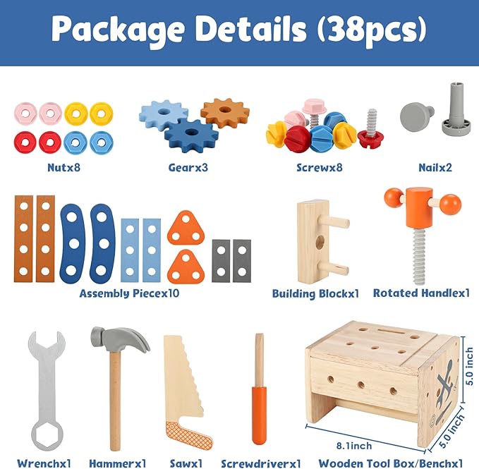 Vextronic Kids Tool Set, 38 PCS Wooden Montessori Toy Tools for Toddlers 1 2 3 4 5 6 with Tool Bench/Box, Play Toddler Tool Set, Educational STEM Construction Christmas Birthday Gift for Boys Girls