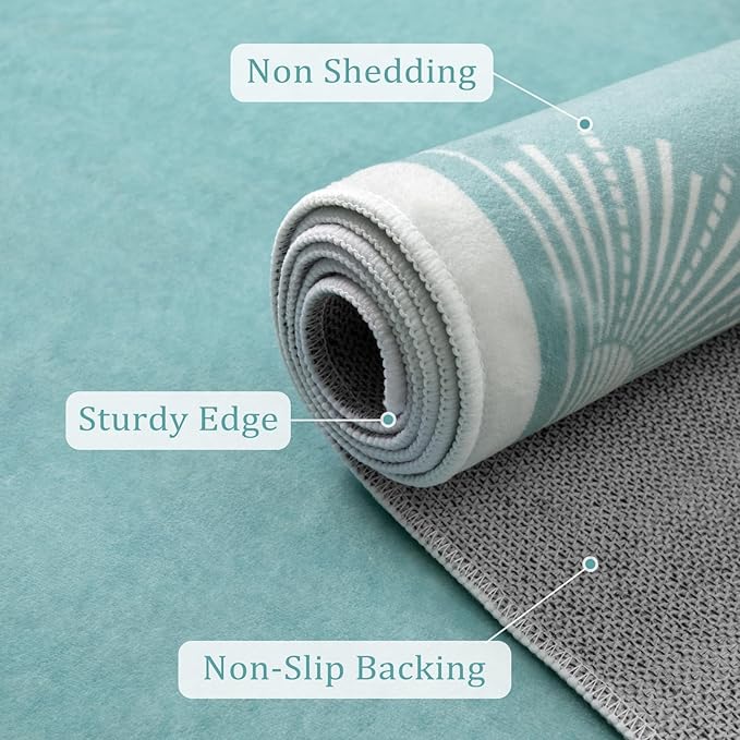 Modern Washable Bedroom Rugs 5x7, Low Pile Soft Teal Rug for Living Room, Aqua Sun Printed Dining Room Rugs for Under Table Throw Carpets for Nursery Kids Room(5'x7',Teal)