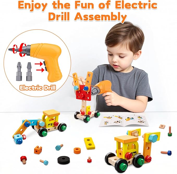 59Pcs Kids Tool Set Toy for Boys - Montessori STEM Wooden Play Tool Box Kit with Electric Drill with 2 Types Bits - Educational Christmas Birthday Gifts for Boys Toddlers Kids Age 3 4 5 6 Years Old