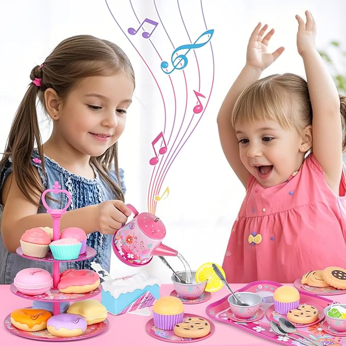 Tea Party Set for Toddles 3-5,PRE-WORLD Musical Kids Tea Set for Little Girls with Dessert,Cookies,Doughnut,Cake,Cake Stand,Tablecloth & Carrying Case,Kitchen Pretend Play Toys for Girls Boys Age 3-6