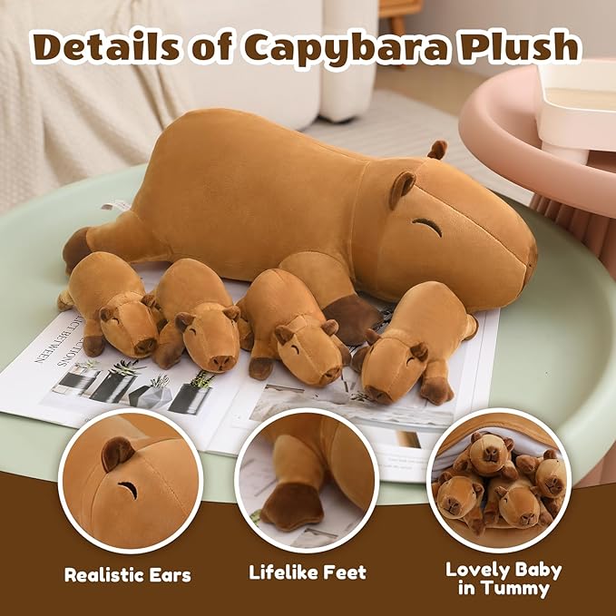 SQEQE Stuffed Capybara Plush - Cute Capybara Mommy with 4 Babies Surprise Soft Animal Toy Christmas, Valentine's, Birthday Gifts Ideal for Boys and Girls