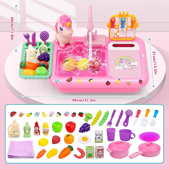 deAO Play Kitchen Sink Toys,Kids Electric Dishwasher Play Sink with Running Water, Play Kitchen Accessories,Real Faucet for Water Play, Pretend Play for Toddlers 3+,Pink