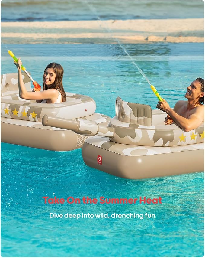 QPAU Inflatable Tank Pool Float for Adults & Kids – Ride-On Camouflage Floaty with Water Cannon, Swim Raft Toy for Boys Girls Ages 6+, Lake Beach Backyard Party Floaties