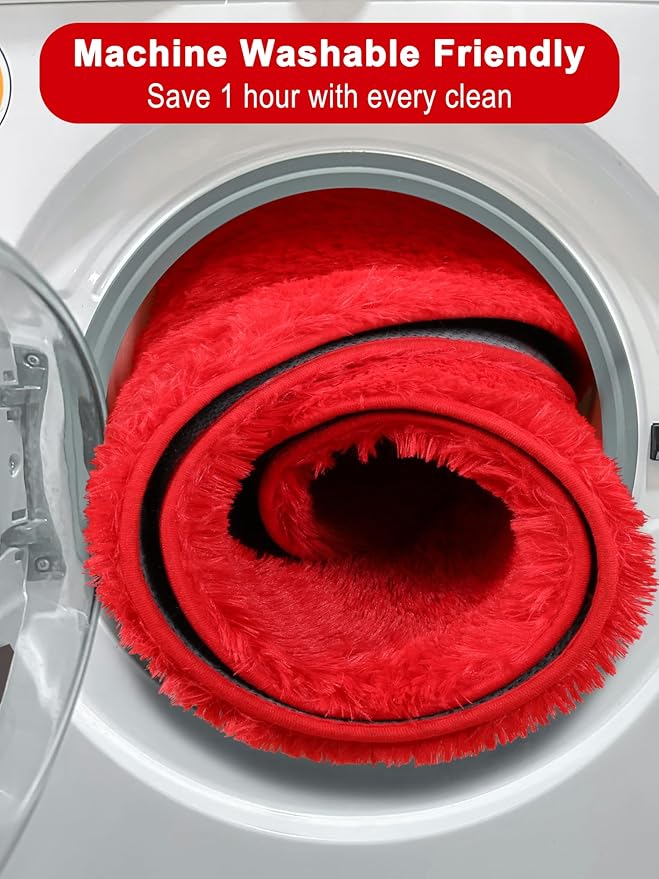 ONASAR Red Round Area Rug 4x4, Soft Bedroom Circle Rugs Floor Mat for Kids Girls Teen Room, Kawaii Fluffy Plush Shaggy Carpet for Nursery Living Room Playroom Christmas Home Decor Princess Castle