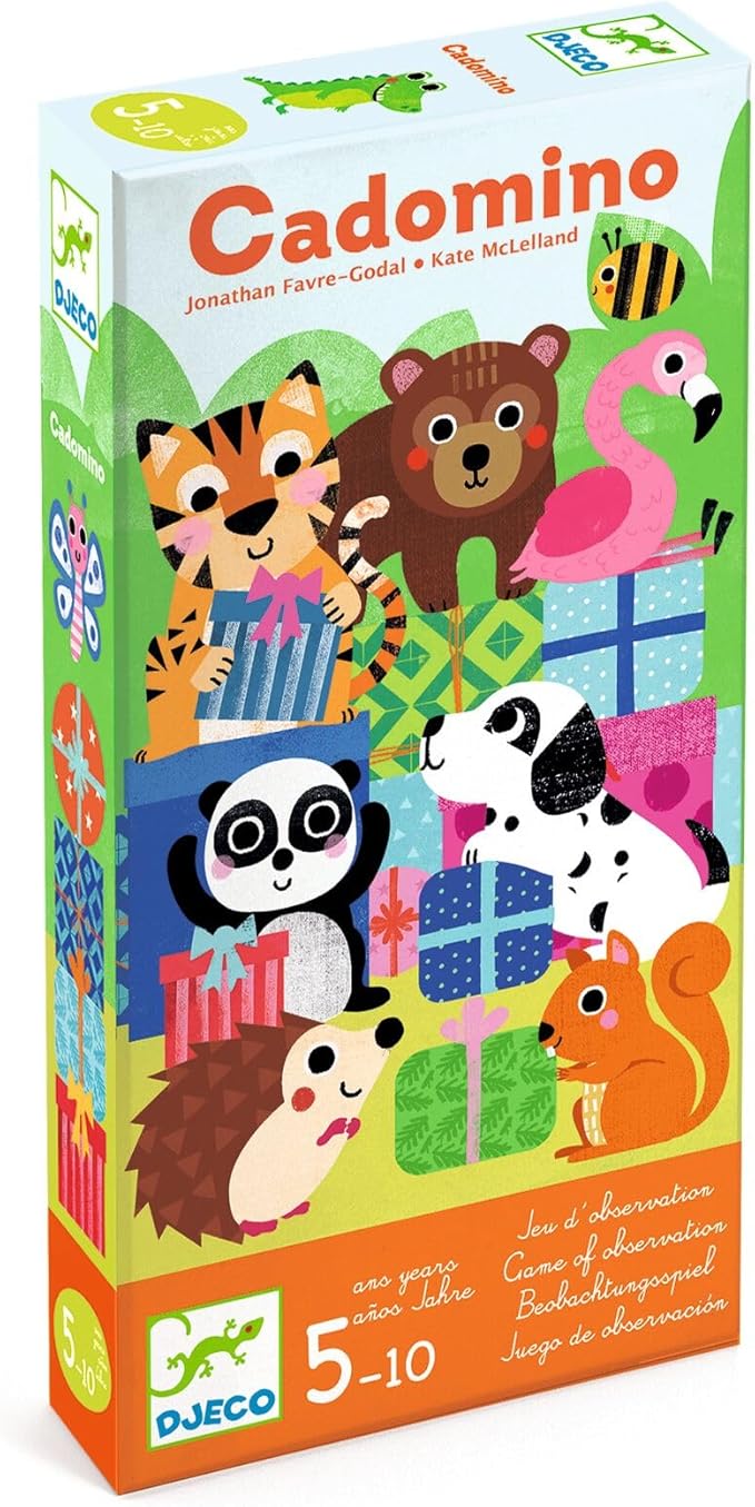 DJECO Cadomino Board Game - Portable Game Box with 24 Dominoes & Cards - Fun Educational Family & Children Bonding Activity - Toys for Boys & Girls, 5-10 Years