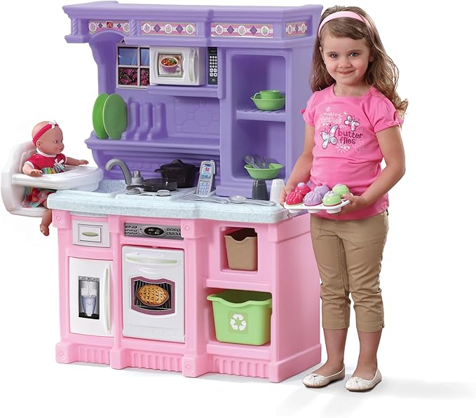 Step2 Little Baker's Kids Kitchen Playset, Indoor/Outdoor Kitchenette, Interactive Play with Lights and Sounds, Made of Durable Plastic, 30 Piece Toy Accessories, Toddlers 2+ Years Old, Purple/Pink