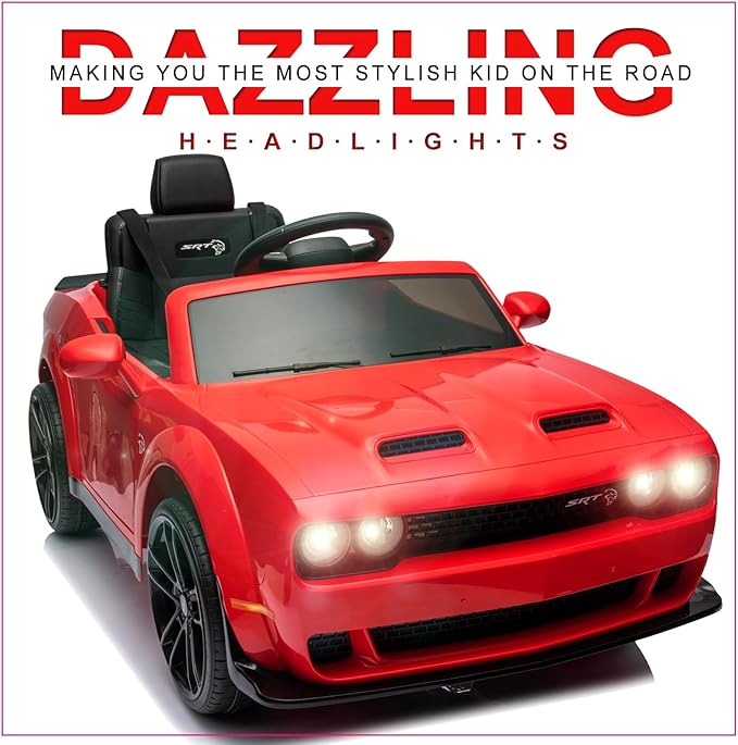 Kids Electric Car | Licensed Dodge Challenger Ride-On 12V Battery-Powered Vehicle with Remote, LED Lights, Bluetooth, MP3 for Boys and Girls, Red