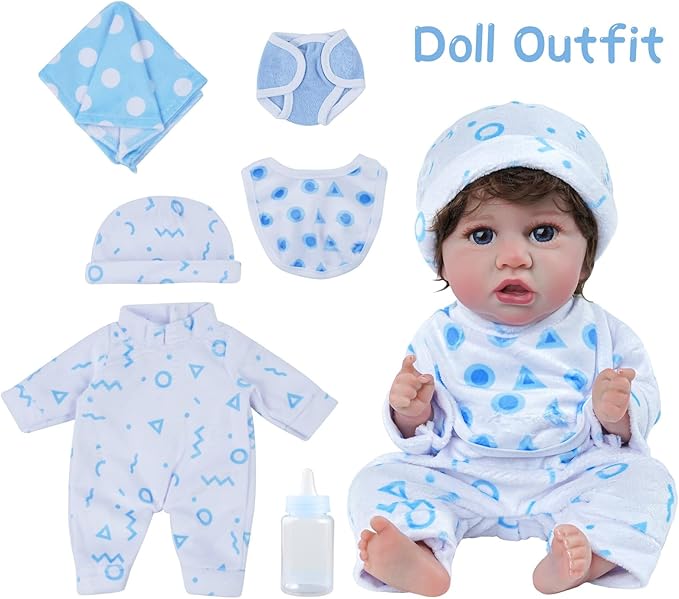 BABESIDE 8 Pcs Baby Doll Clothes Set with Bassinet for 8-10-12 Inch Dolls, Bitty Baby Doll Clothes and Accessories for Newborn Babydolls Boy, Blue