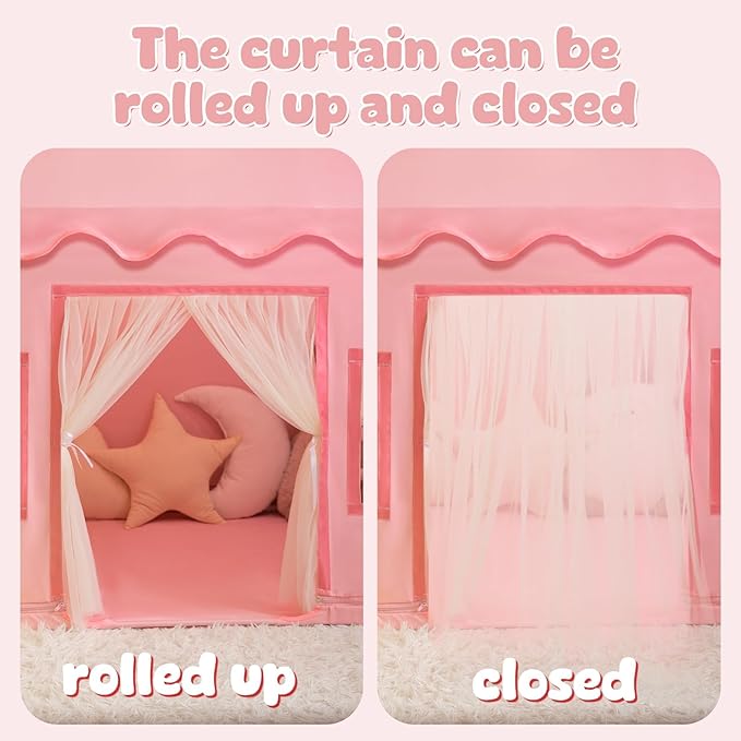 Large Kids Tent Playhouse Basic Mat with Star Lights, Flags and Tote Bags, Kids Play Tent Indoor & Outdoor, Washable Teepee Tent for Boys & Girls, Kids Play House for Toddler（Pink）