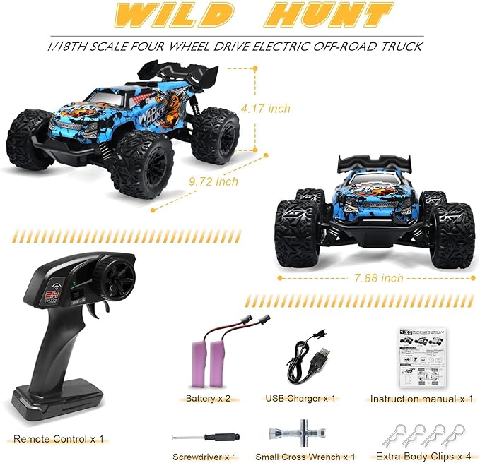 1/20 All Terrain RC Car, 20+KMH Monster Truck, 2.4Ghz Off-Road RC Vehicle with 2 Batteries, Suitable for Adults and Beginners, for Boys and Girls (Blue)