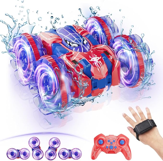 4WD Waterproof RC Car, 2.4 GHz Amphibious Remote Control Car Remote Control Boat for Kids, 360°Rotation RC Truck Stunt Cars with LED Lights, Boys Girls Gifts All Terrain Water Beach Pool Toy