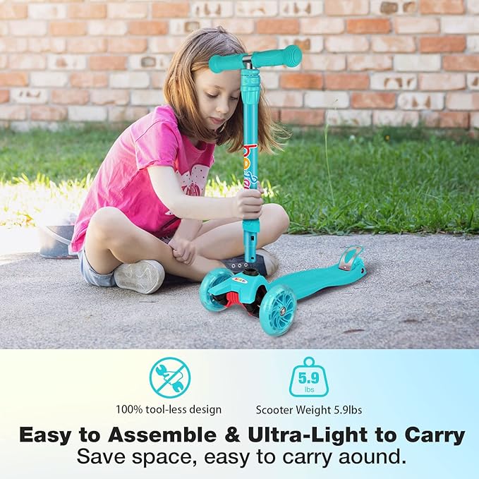 BELEEV A2 Scooters for Kids 3 Wheel Kick Scooter for Toddlers Girls Boys, 4 Adjustable Height, Lean to Steer, Light up Wheels, Extra-Wide Board, Easy to Assemble for Children Gift Sport Toys Ages 3-12