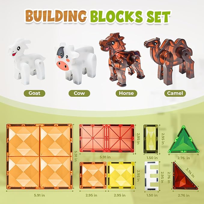 Magnetic Tiles for Kids Ages 4-8, Farm Magnet Tile Set with Animals for Toddlers Ages 3+ Boys Girls, Magnets Building Blocks Toy for Travel, Stem Educational Toys for Preschool