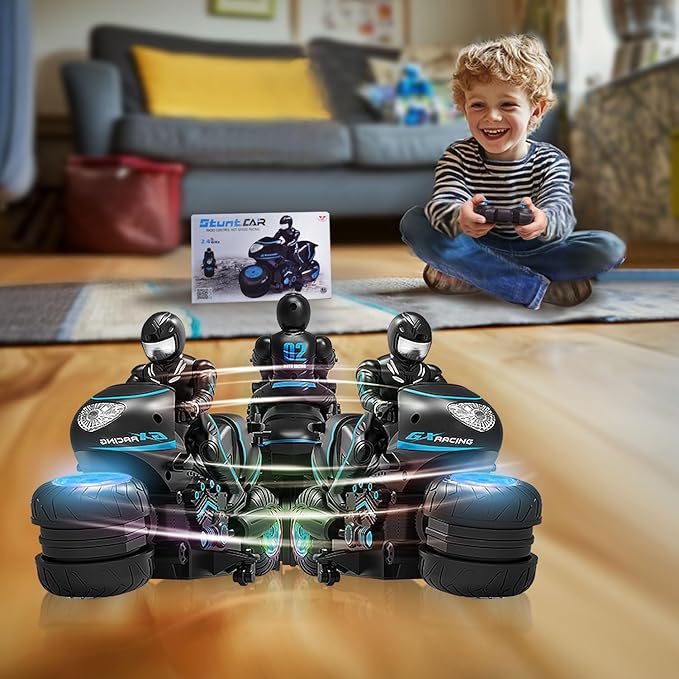 RC Motorcycle with LED Wheels, Remote Control Motorcycle 360° Spinning Wheels Stunt Motorbike - Rotating Drift 2WD High Speed Car Toys with Riding Figure - Gift for Kids Boys Girls - Blue