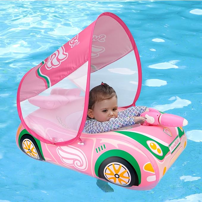 Swimbobo Toddler Pool Float Pink Inflatable Airplane Car Baby Swim Float with Water Gun and Safety Seat Pool Toys for Kids 3+ Years Old