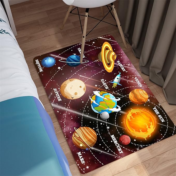 Outer Space Rugs Small Size Universe Solar System Planet Theme Carpets Kids Rugs for Playroom Educational Learning Area Rug for Living Room Bedroom Indoor Crystal Polyester Floor Sofa Mats, 2'×3'