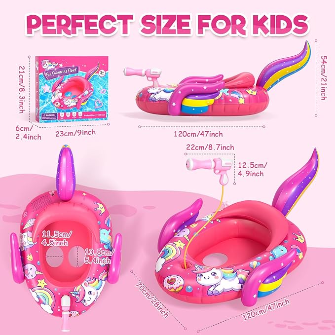 Unicorn Kids Pool Floats with Water Gun, Toddler Inflatable Pool Toys for Kids 3-8 Years Old, Summer Outdoor Water, Beach, Swimming Pool Toy Gifts for Girls and Kid