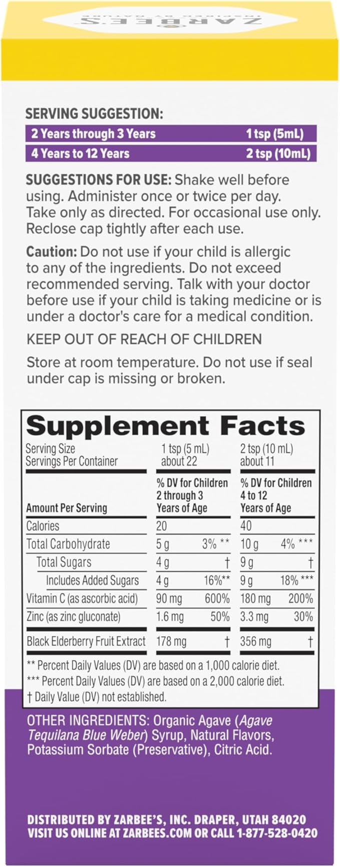 Zarbee's Elderberry Syrup for Kids, Daily Immune Support with Vitamin C & Zinc, Childrens Liquid Supplement, Natural Berry Flavor, 4 fl oz