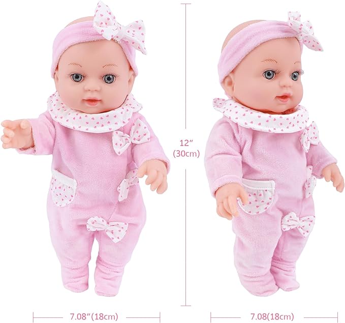 12 Inch Baby Doll Playset with Dolls Clothes and Accessories First Baby Dolls for Toddlers 3 Years and Up Includes Bassinet Bed, Blanket, Bottles, Nipple, Diaper, Toys