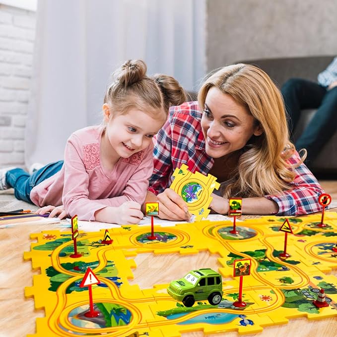 4 Year Old Boy Birthday Gift, Puzzle Racer Kids Car Track Set Puzzle Racer Car Track Set with Roadmap Puzzle Track Car Play Set Toys for 4 Year Old Boys (A-Dinosaur, Set1-25pcs)