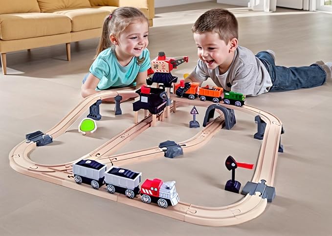 Hape Crane and Cargo Train Set | Wooden Railway Toy Set with Magnetic Crane, Button Operated Loader and Adjustable Rail Signal