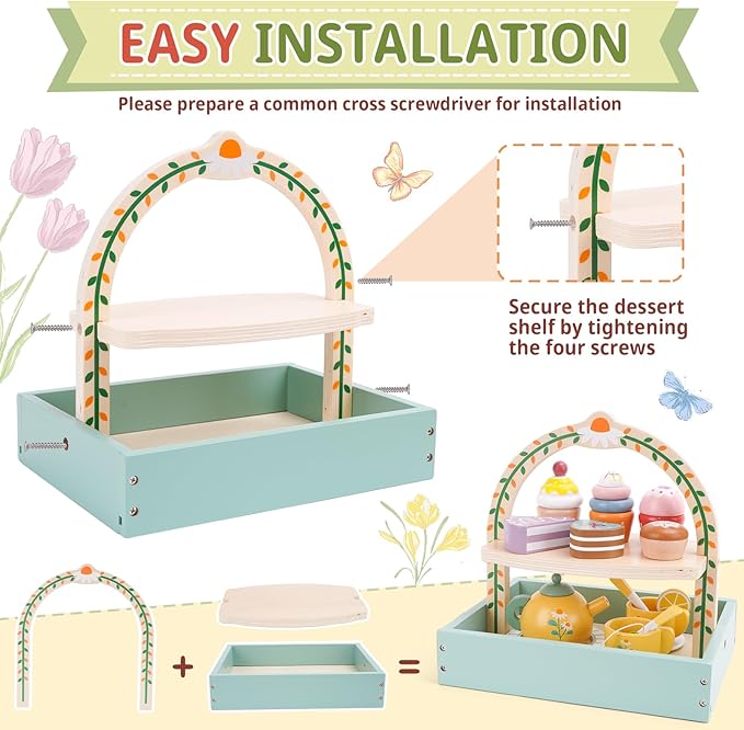 Wooden Tea Party Set for Little Girls, Tea Set Toddler Girl Toys, Pretend Play Tea Sets for Toddlers 3-5, Wooden Toys with Cupcake Stand & Play Kitchen Accessories for 3 4 5 6 Years Old Gifts