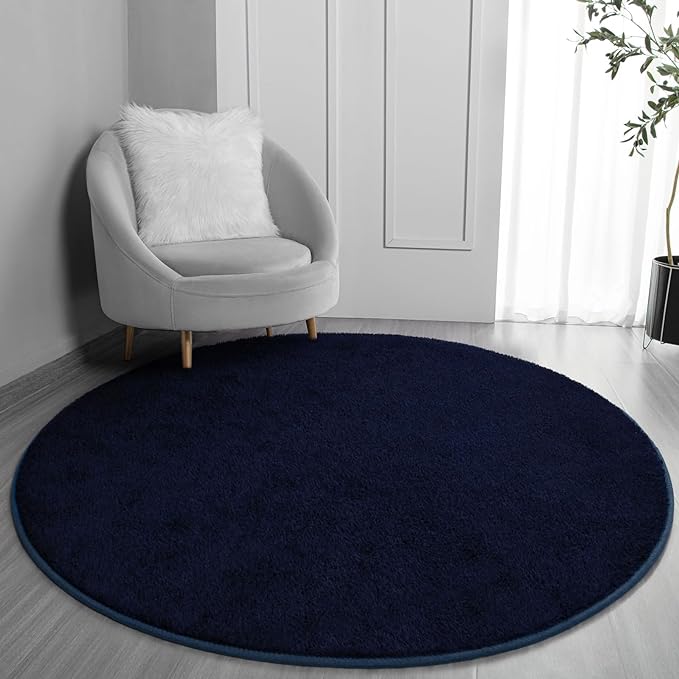 FlyDOIT Round Area Rugs for Bedroom Living Room, 4x4 Navy Blue Super Soft Comfy Thickened Memory-Foam Indoor Circle Carpets, Modern Aesthetic Minimalist Carpet for Boys Girls Adults Nursery Home Décor