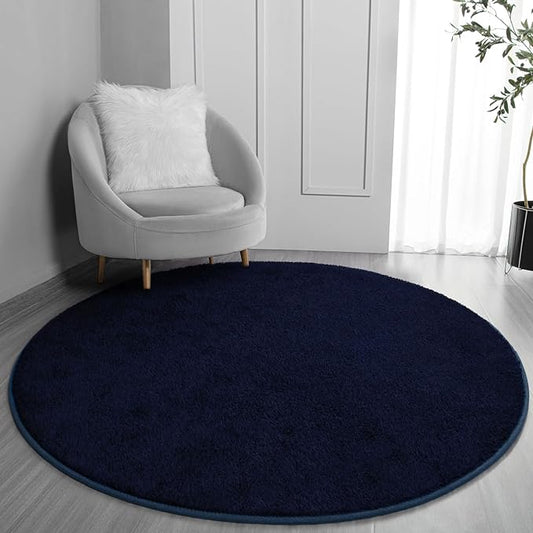 FlyDOIT Round Area Rugs for Bedroom Living Room, 4x4 Navy Blue Super Soft Comfy Thickened Memory-Foam Indoor Circle Carpets, Modern Aesthetic Minimalist Carpet for Boys Girls Adults Nursery Home Décor