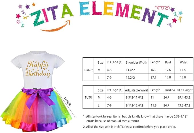 ZITA ELEMENT Birthday Clothes Outfits for Girls Matching Dolls - 1 Cotton Shirts with Sequins Rainbow, 1 Rainbow Tutu Skirts and 1 Bow Hair Clips for 7-9 Years Girls and 18 Inch Girl Dolls