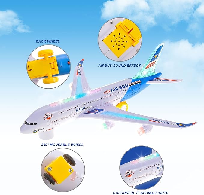 PowerTRC Kids Airplane Toys, Bump & Go Action Toddler Toy Airplane with LED Flashing Light, Music, Airplane Sound, Great Gift for Boys Girls Ages 3-12