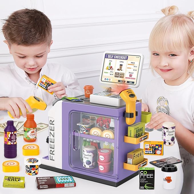 46PCS Cash Register Playset for Kids Pretend Play Coffee Machine with Water Outlet Function, Mini Supermarket Grocery Store with Money, Scanner,Play Foods, Gift for Boys and Girls (Purple)