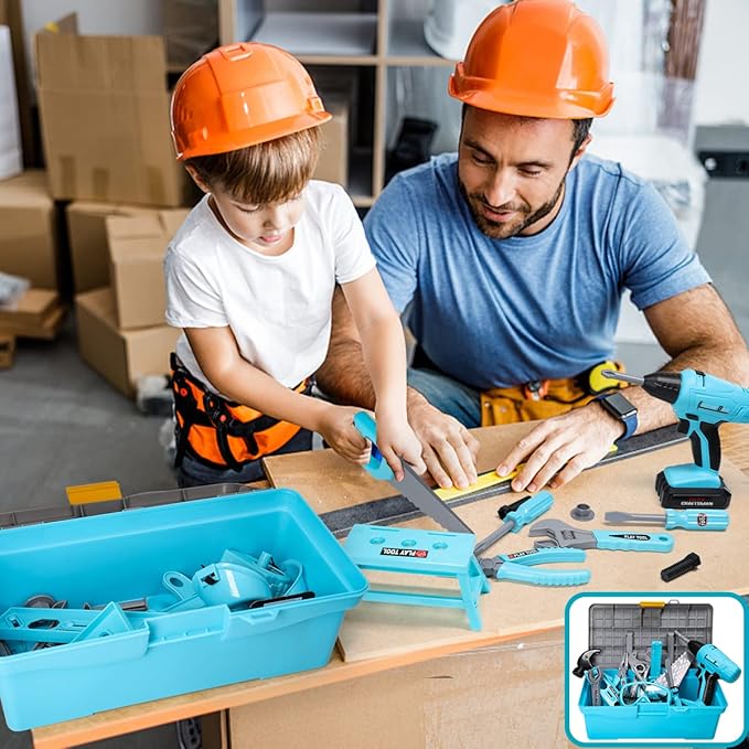 LOYO Kids Tool Set - 50 PCS Pretend Play Kids Toy Tool Box with Kids Construction Vest and Electronic Toy Drill Set for Toddlers Boys Ages 3 , 4, 5, 6, 7 Years Old Christmas Birthday Gift (Blue)
