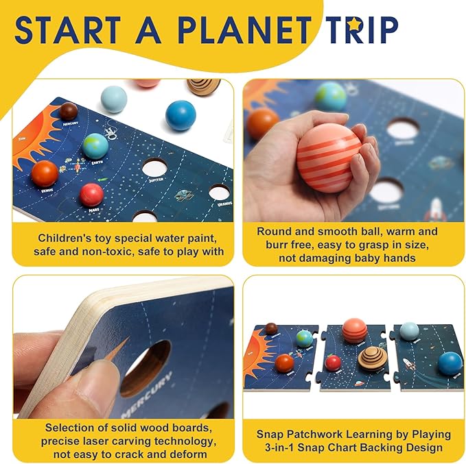 Wooden Solar System Model Board，Kids Solar System，Montessori Planet Toys,Educational Planets Balls,Preschool Learning Puzzle，Space Learning Toys