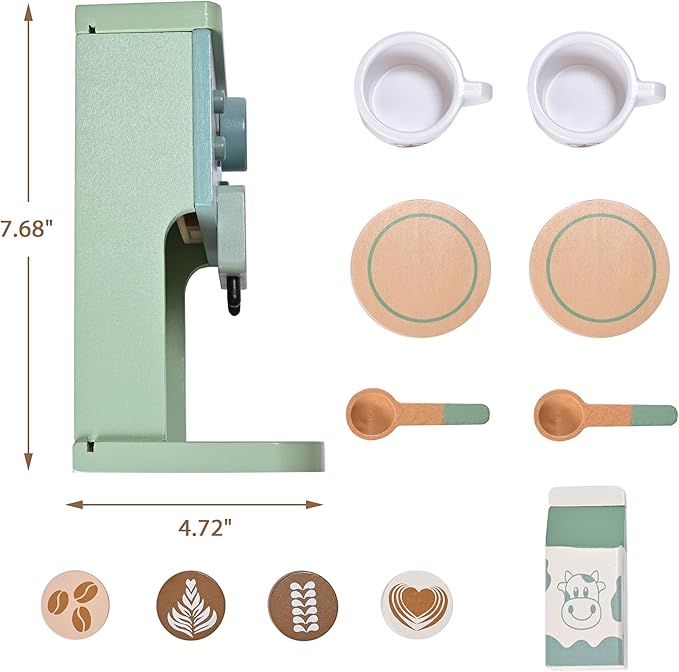 Kids Wooden Toys Toddler Pretend Play Kitchen Accessories Green Coffee Maker Espresso Machine Playset Montessori Kitchen Toy Gift for Girls and Boys