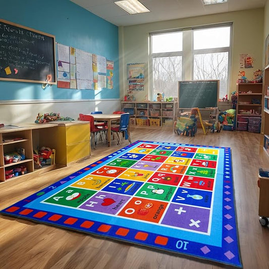 ABC Classroom Rug, Large Classroom Rugs Elementary, Preschool&Daycare Rugs for Classroom,Learning Alphabet Educational Rugs for Kids Playroom, Nursery(8'7''x6'7'', Blue)